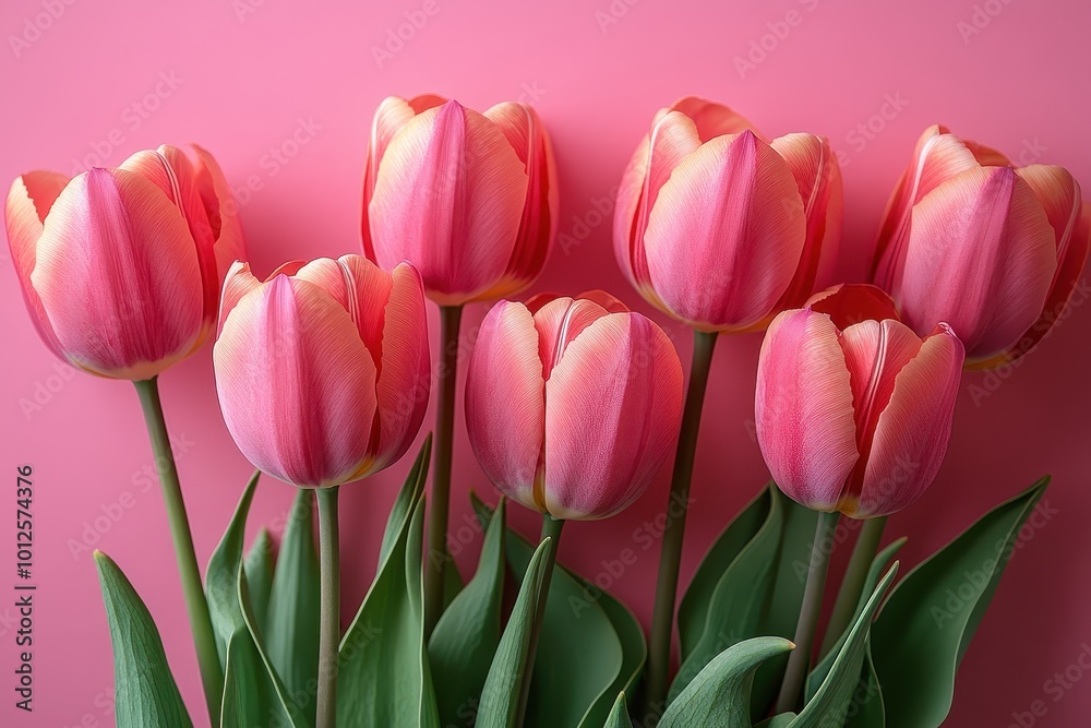 Pink Tulips on Pink Background, Flat Lay Top View with Copy Space for Text, Greeting Card or Banner Design for Mother's Day, Women's Day, and Other Events

