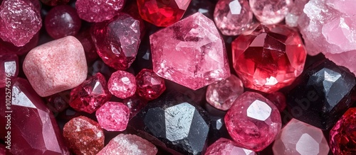 Close-up of various pink and red gemstones, including a round, faceted red gem, a rectangular pink gem, and a large faceted pink gem.