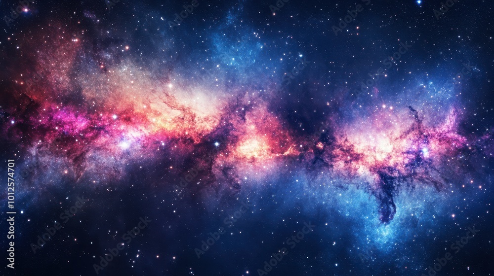 A panoramic image of a distant galaxy with bright stars, glowing nebulae, and deep space colors of blue, purple, and pink. A panoramic image of a distant galaxy with bright stars, glowing nebulae, and deep space colors of blue, purple, and pink.