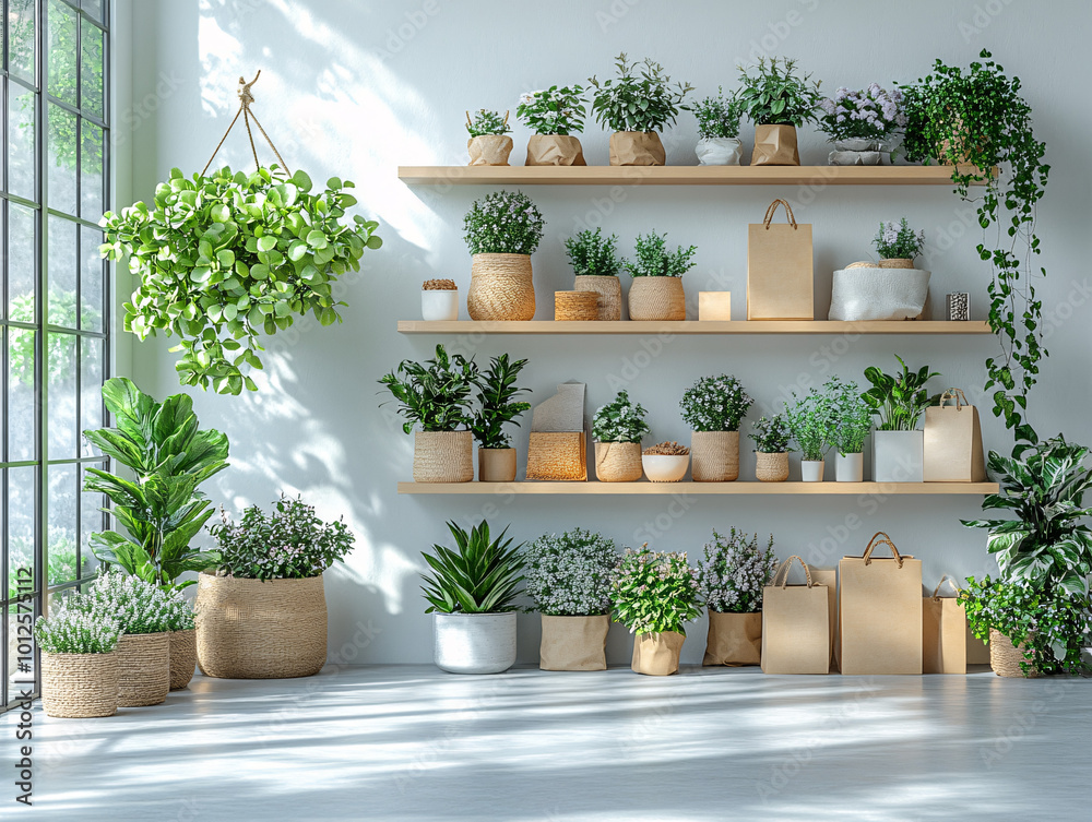 rustic home decor with plants and paper bags on wooden shelves rustic home decor with plants and paper bags on wooden shelves