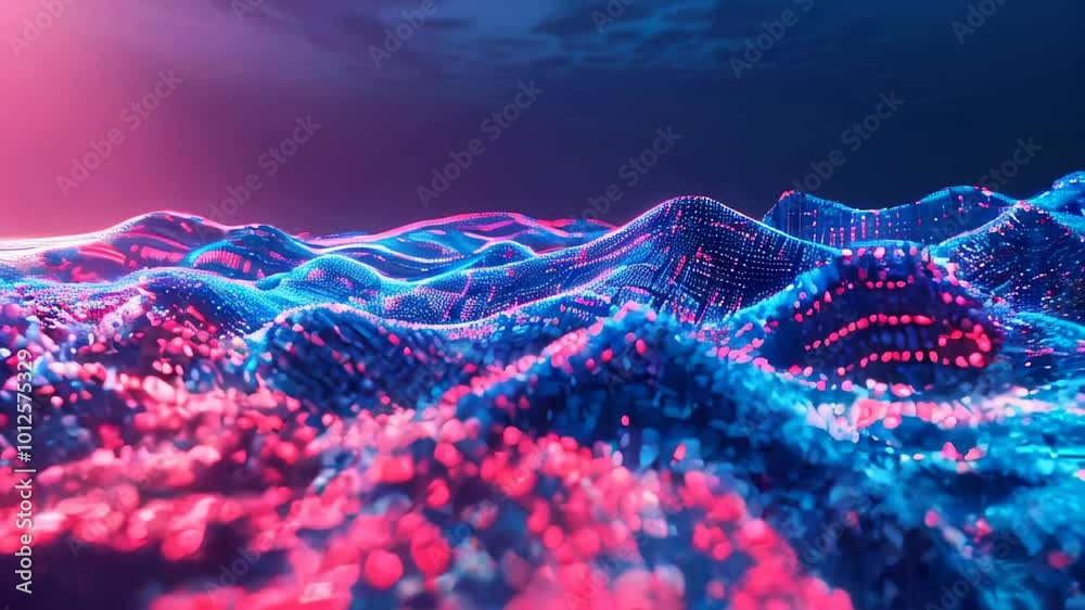Abstract digital waves with vibrant neon light patterns creating a futuristic and dynamic visual effect in a dark background. Abstract digital waves with vibrant neon light patterns creating a futuristic and dynamic visual effect in a dark background.