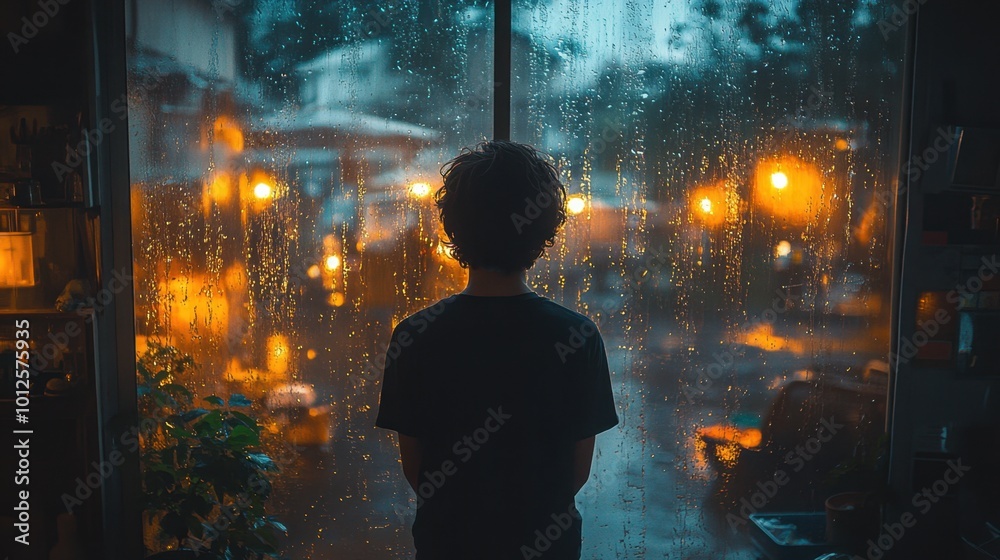 A boy standing in front of a rain-soaked window, with the reflection of the cozy room’s warm lights glowing on the glass A boy standing in front of a rain-soaked window, with the reflection of the cozy room’s warm lights glowing on the glass