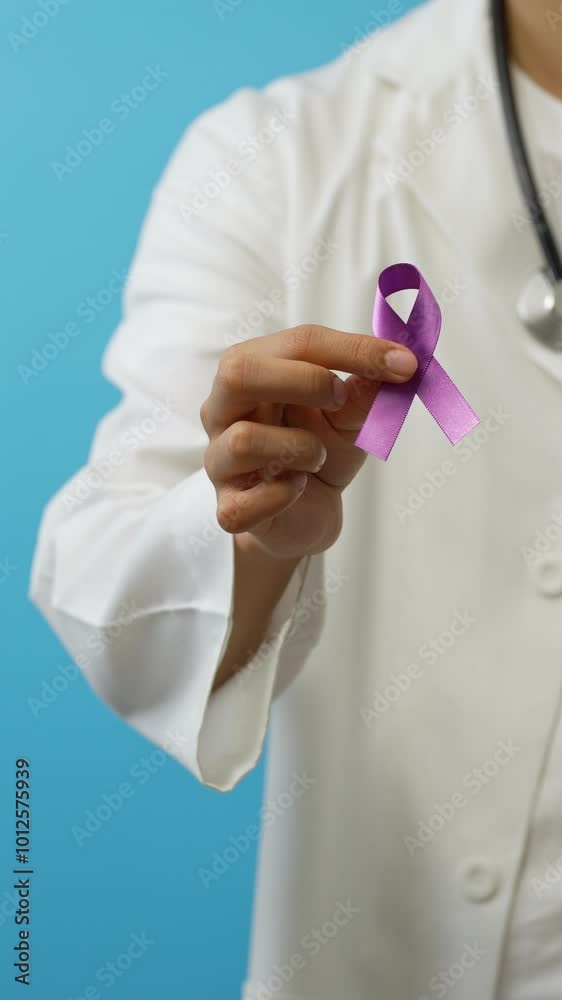 Vertical video, Young male doctor shows a purple ribbon, symbol of the fight against testicular cancer, lupus, Alzheimer's, domestic violence, woman abuse, feminism