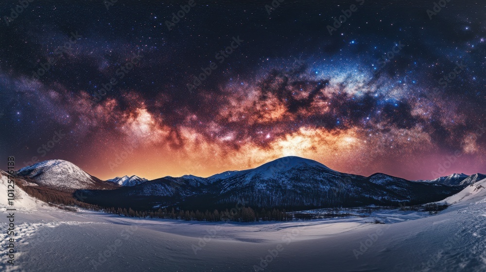 A panoramic image of the Milky Way galaxy over a snowy mountain landscape, with vivid colors and countless stars lighting up the sky. A panoramic image of the Milky Way galaxy over a snowy mountain landscape, with vivid colors and countless stars lighting up the sky.