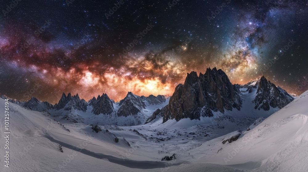 A panoramic image of the Milky Way galaxy over a snowy mountain landscape, with vivid colors and countless stars lighting up the sky. A panoramic image of the Milky Way galaxy over a snowy mountain landscape, with vivid colors and countless stars lighting up the sky.