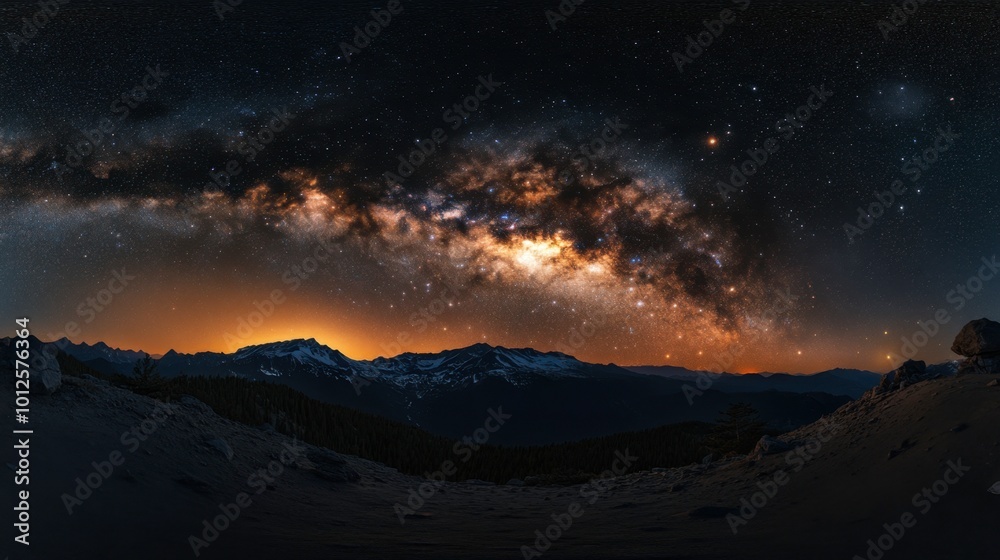 Fototapeta premium A panoramic image of the Milky Way stretching across the horizon, with dense star clusters and cosmic dust clouds.