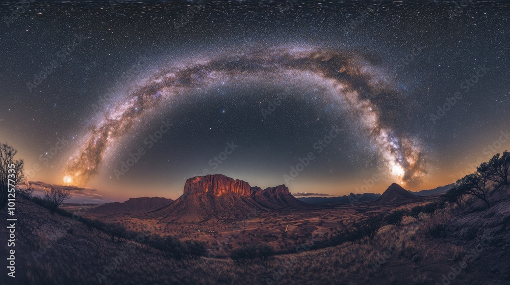 A panoramic shot of the Milky Way galaxy arching over a mountainous landscape, with bright stars illuminating the night sky.