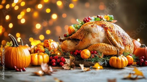 Thanksgiving roast turkey surrounded by fall vegetables and pumpkins, festive lights photo