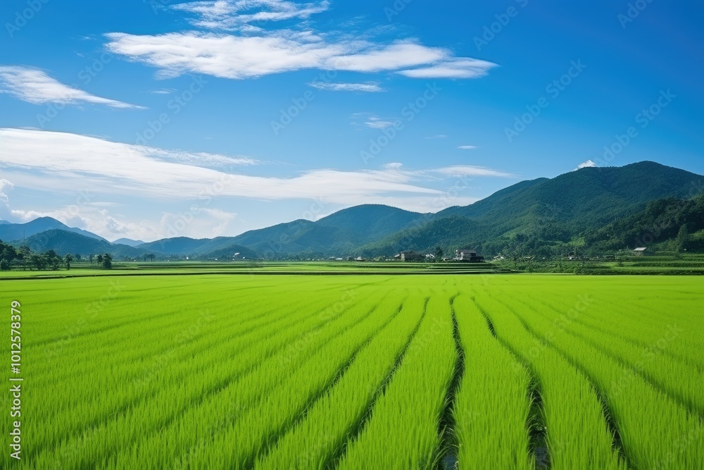 Picturesque green rice fields of Asia under stunning blue sky. Picturesque green rice fields of Asia under stunning blue sky.