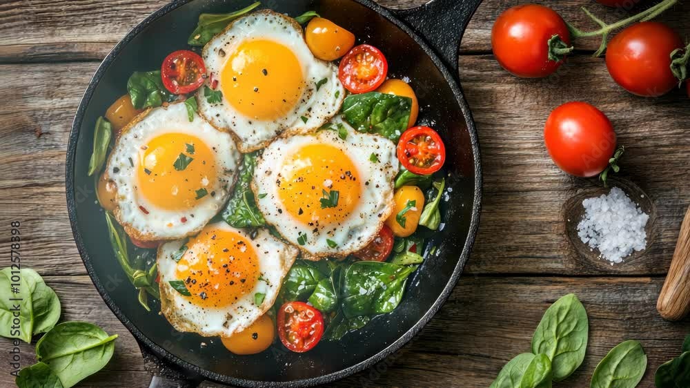 A plate of eggs and tomatoes is on a wooden table A plate of eggs and tomatoes is on a wooden table