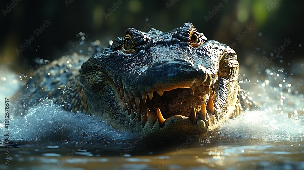 Fototapeta premium A close-up of a crocodile's head emerging from the water, with its mouth open and teeth visible.