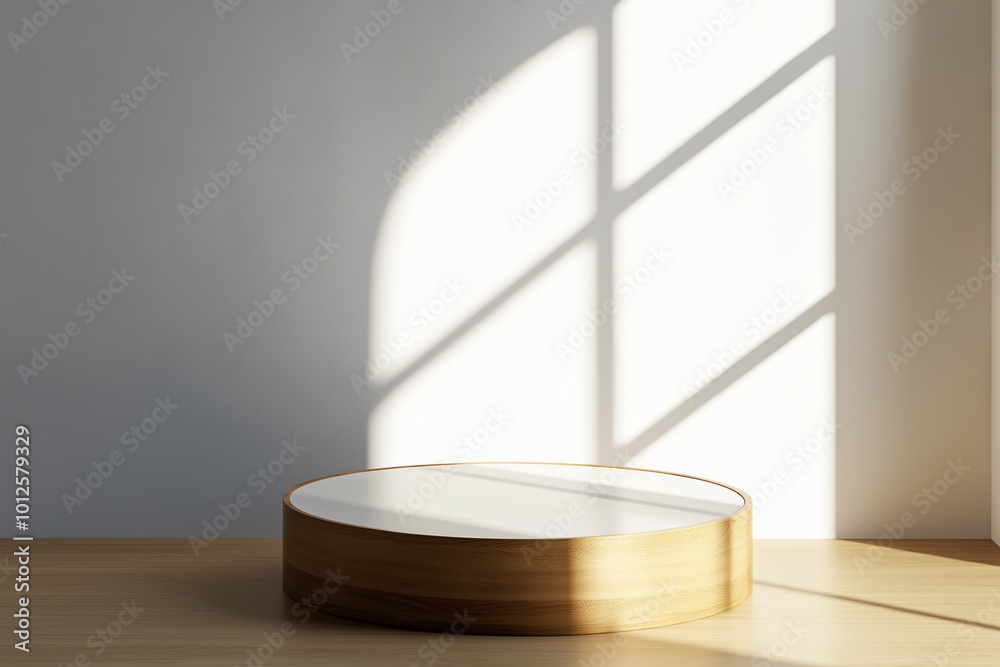 Empty wooden round podium on warm shadow surface at sunny wall backdrop. 3D rendering, mockup Empty wooden round podium on warm shadow surface at sunny wall backdrop. 3D rendering, mockup