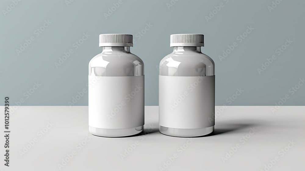 Two glass bottles with white labels and lids, ready for your brand design. Two glass bottles with white labels and lids, ready for your brand design.