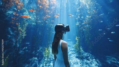 Woman in VR Headset Exploring Underwater World