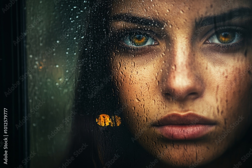 Woman Looking Through a Rainy Window