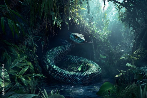 Green Snake in Lush Jungle