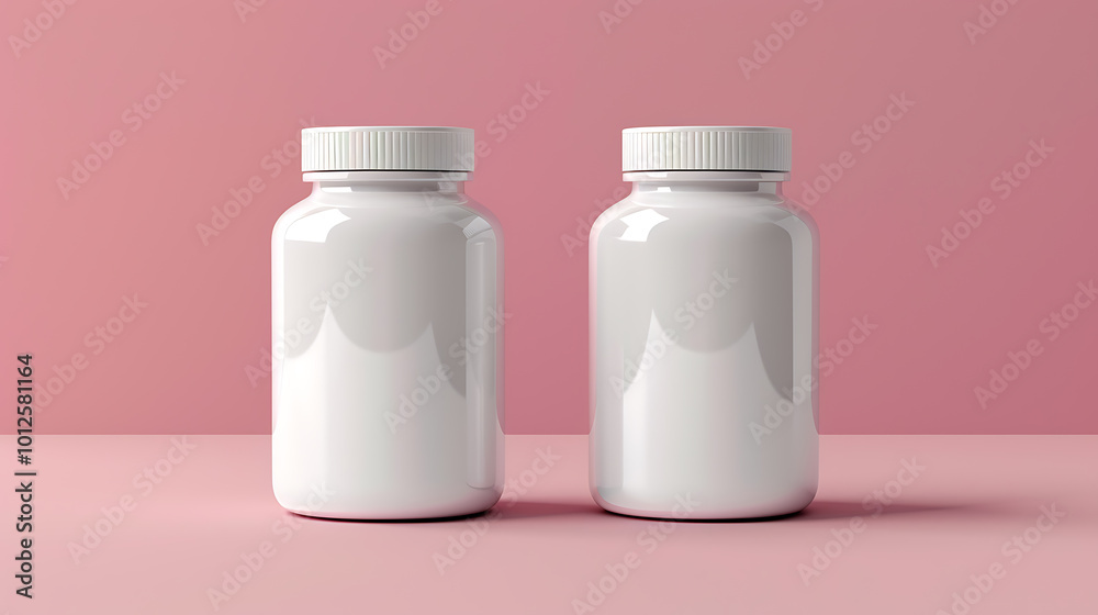 Two white pill bottles with lids sit on a pink surface. The bottles are blank, perfect for your branding.