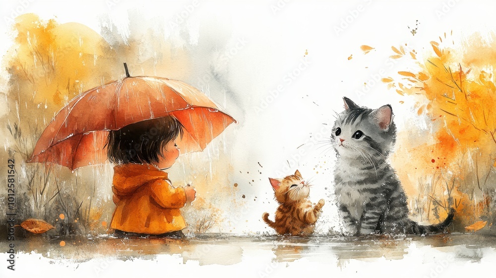 custom made wallpaper toronto digitalA child and cat joyfully splashing in the rain together in a minimal cartoon style, painted in watercolor on a white background 