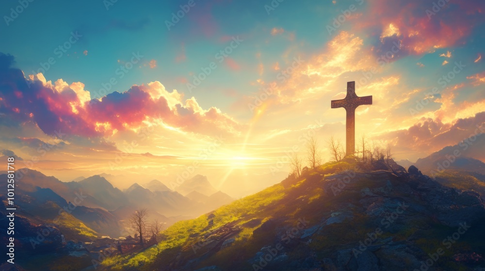 Christian Cross Symbolizing Easter and Resurrection: Dramatic Lighting Against a Colorful Mountain Sunset with Dark Clouds and Sunbeams Christian Cross Symbolizing Easter and Resurrection: Dramatic Lighting Against a Colorful Mountain Sunset with Dark Clouds and Sunbeams