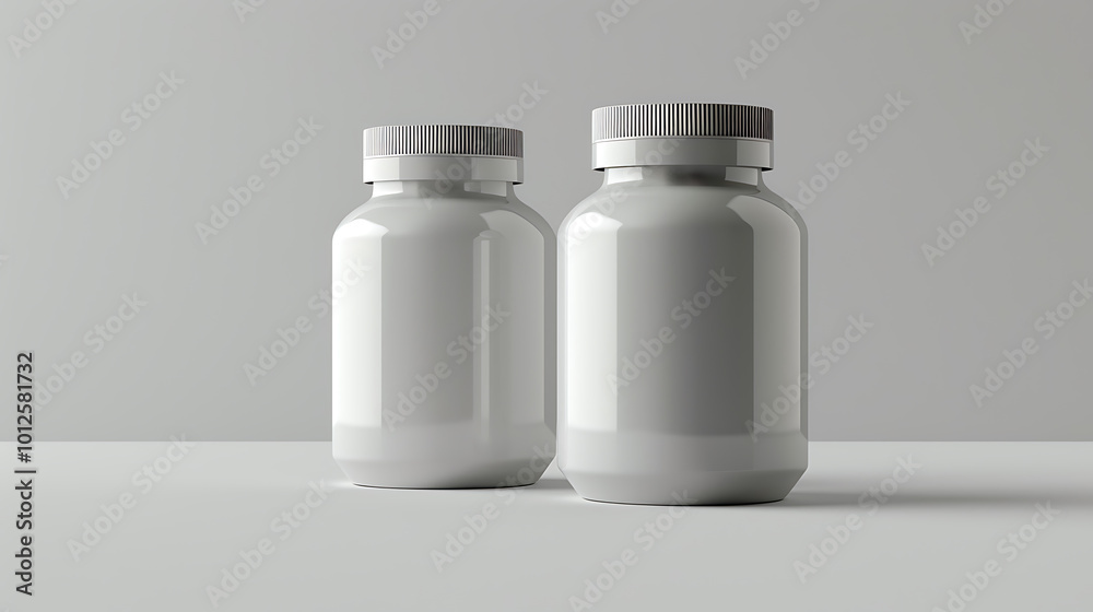 Two blank white pill bottles on a white surface, perfect for product mockups and branding. Two blank white pill bottles on a white surface, perfect for product mockups and branding.