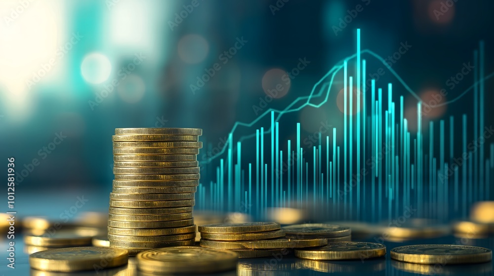investment growth - stack of golden coins and bar charts