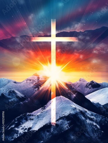 Christian Cross Symbolizing Easter and Resurrection: Dramatic Lighting Against a Colorful Mountain Sunset with Dark Clouds and Sunbeams photo