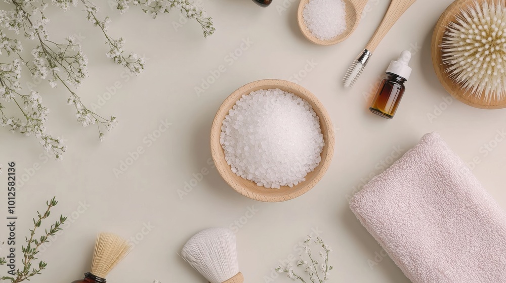 flat-lay of spa essentials including bath salts, essential oil, brush, and towel, creating a soothing and calming setup for relaxation and self-care. flat-lay of spa essentials including bath salts, essential oil, brush, and towel, creating a soothing and calming setup for relaxation and self-care.