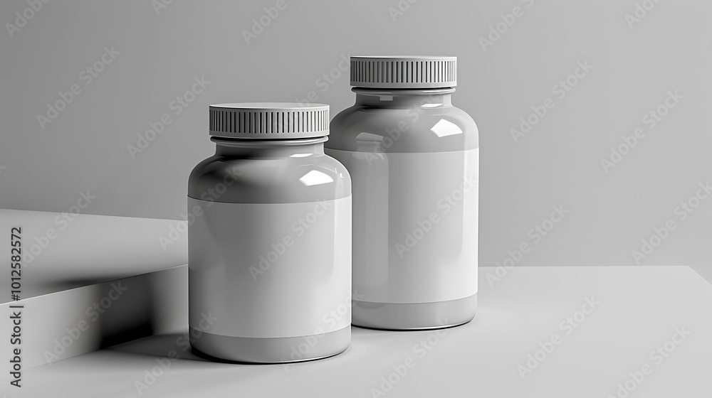 Two white pill bottles with blank labels on a white platform. Two white pill bottles with blank labels on a white platform.