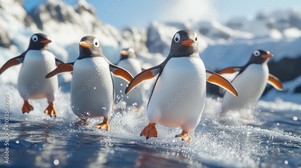 Obraz premium Penguins in a 3D realistic action perform a slapstick comedy on ice, slipping and sliding in a choreographed musical number