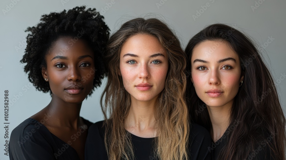 Portrait of multiracial women in studio looking at camera over grey background. Generative AI Portrait of multiracial women in studio looking at camera over grey background. Generative AI