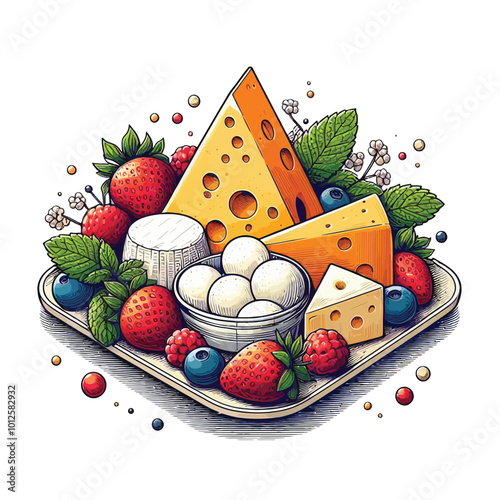 Tray of food with a bowl of fruit and cheese vector