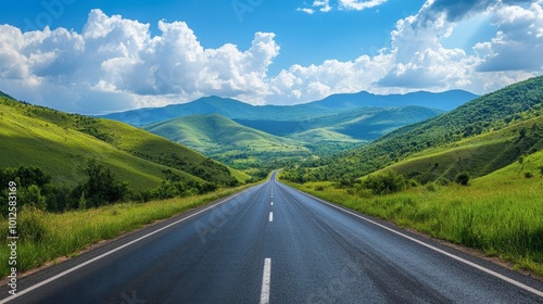 A scenic asphalt road leading into green hills and mountains, with a clear sky and scattered, puffy clouds on a sunny afternoon.