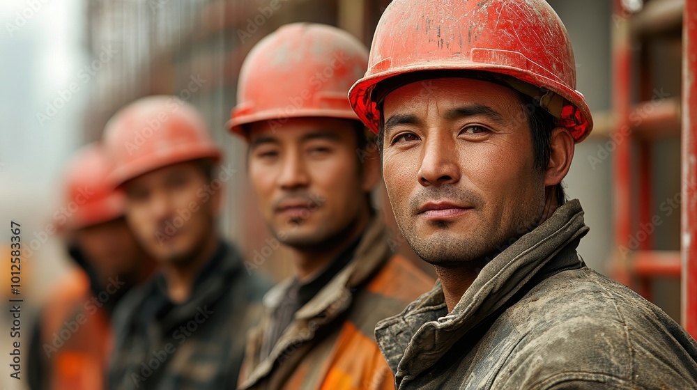 construction workers in red hard hats construction workers in red hard hats