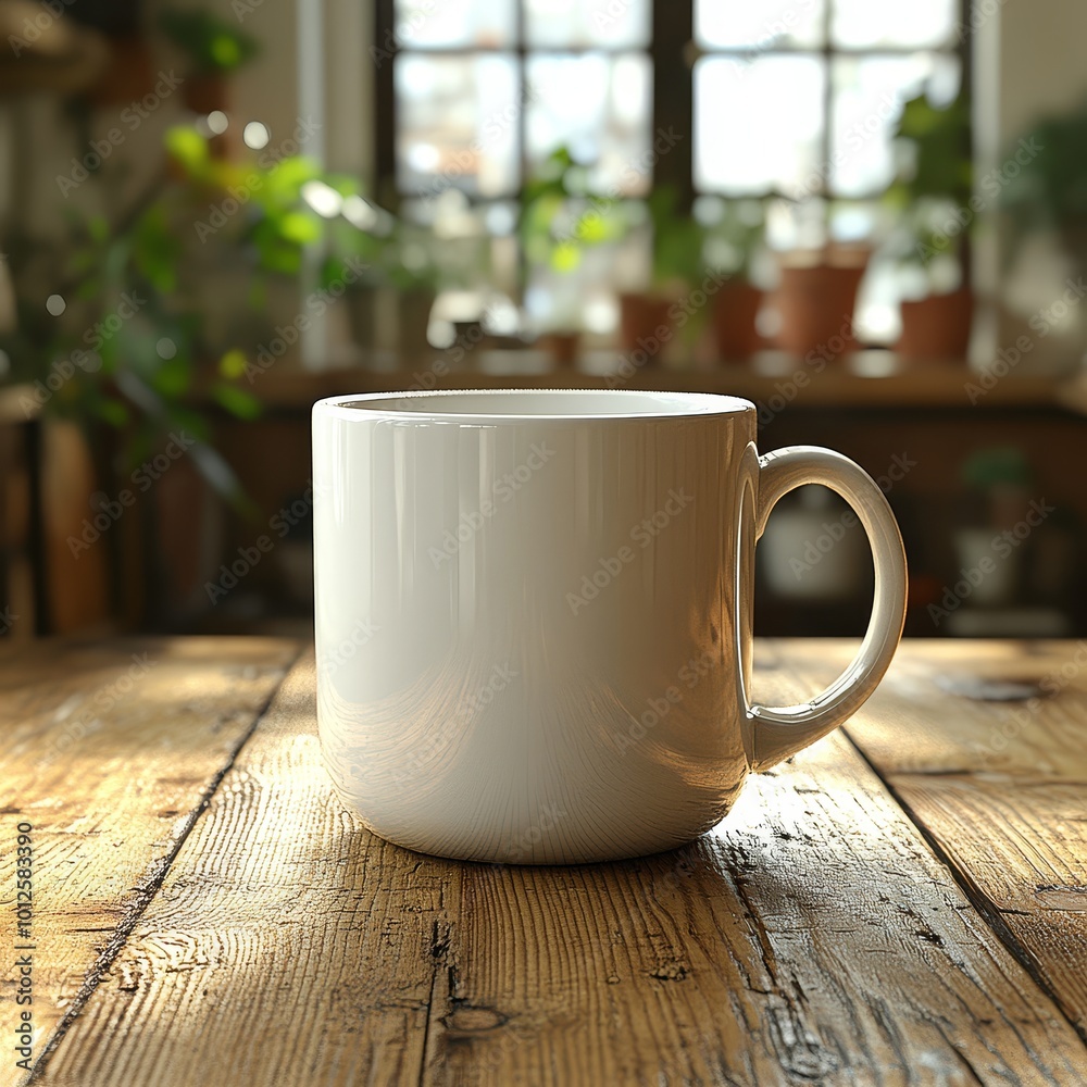 White Mug on Rustic Wooden Table with Window Background White Mug on Rustic Wooden Table with Window Background