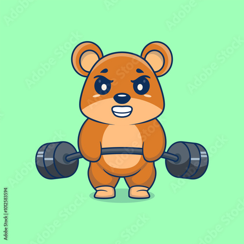 Teddy bear animal lift barbell icon illustration cartoon