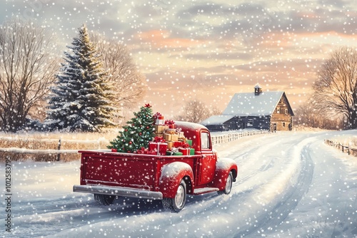 A vintage red truck carries a Christmas tree through a snowy landscape, creating a warm holiday atmosphere.