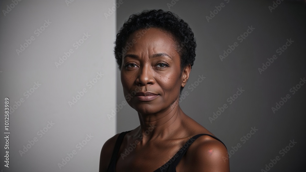 Obraz premium Close-up portrait of a woman with an intense expression, set against a simple gray background.