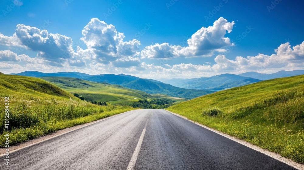 A scenic asphalt road through green hills and mountains, with a clear sky and puffy white clouds on a sunny day. A scenic asphalt road through green hills and mountains, with a clear sky and puffy white clouds on a sunny day.