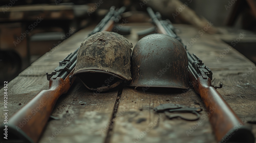 Obraz premium World War Two Military Weapons Helmets