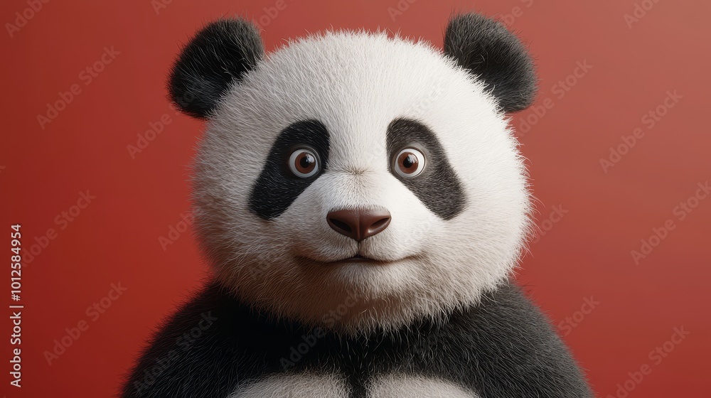 Cute Panda Bear Portrait with Red Background Cute Panda Bear Portrait with Red Background
