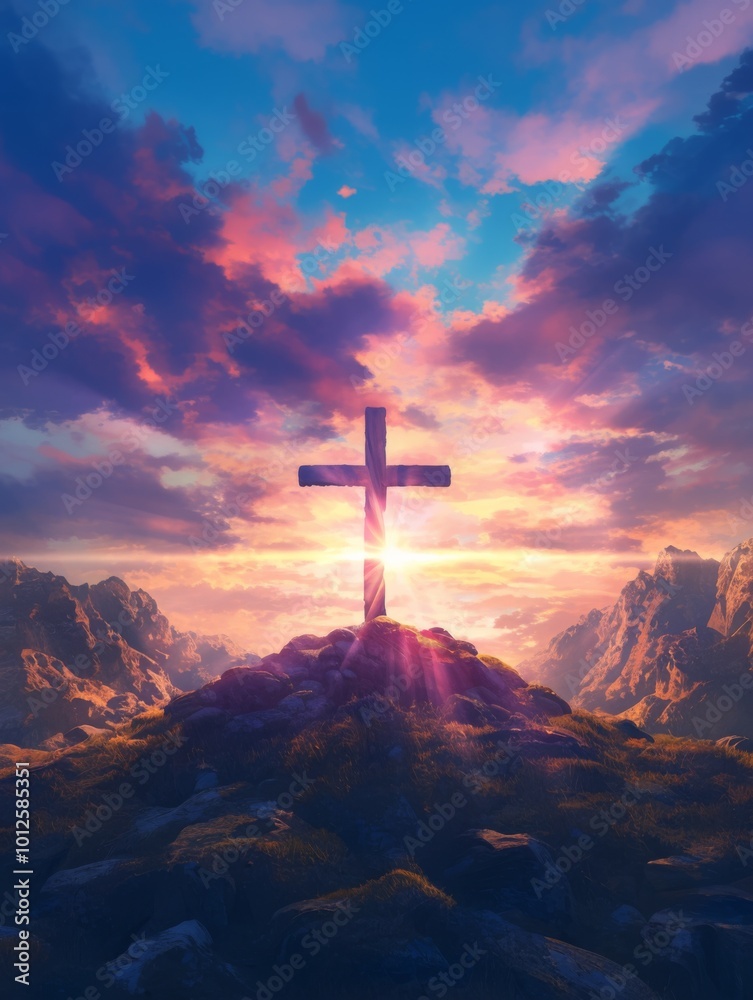 Christian Cross Symbolizing Easter and Resurrection: Dramatic Lighting Against a Colorful Mountain Sunset with Dark Clouds and Sunbeams Christian Cross Symbolizing Easter and Resurrection: Dramatic Lighting Against a Colorful Mountain Sunset with Dark Clouds and Sunbeams