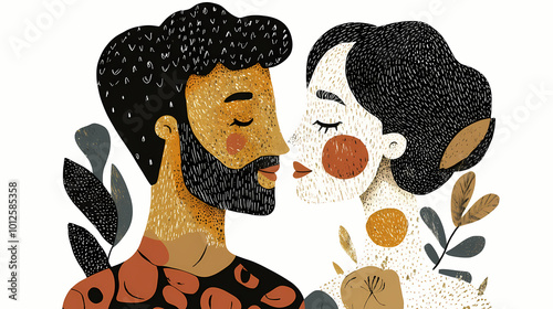 Adorable couple illustration in art brut style, featuring textured contours on a clean white background. perfect for stickers. Art Brut. Illustration