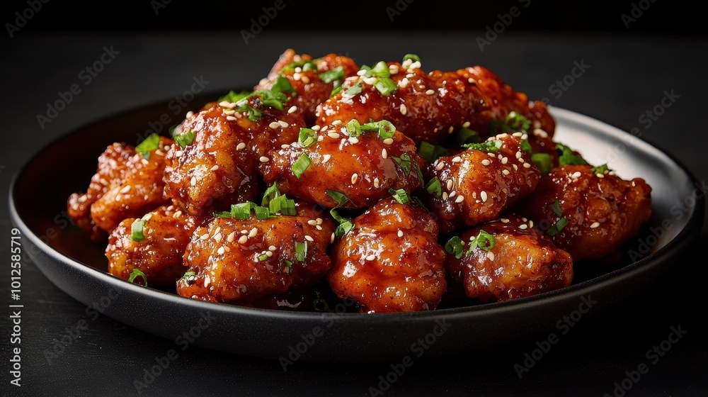 Soy and Spicy Korean Fried Chicken Served on a Black Plate
