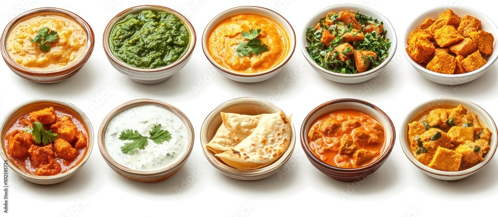 A variety of Indian dishes in small white bowls, including saag paneer, chicken curry, and dal.