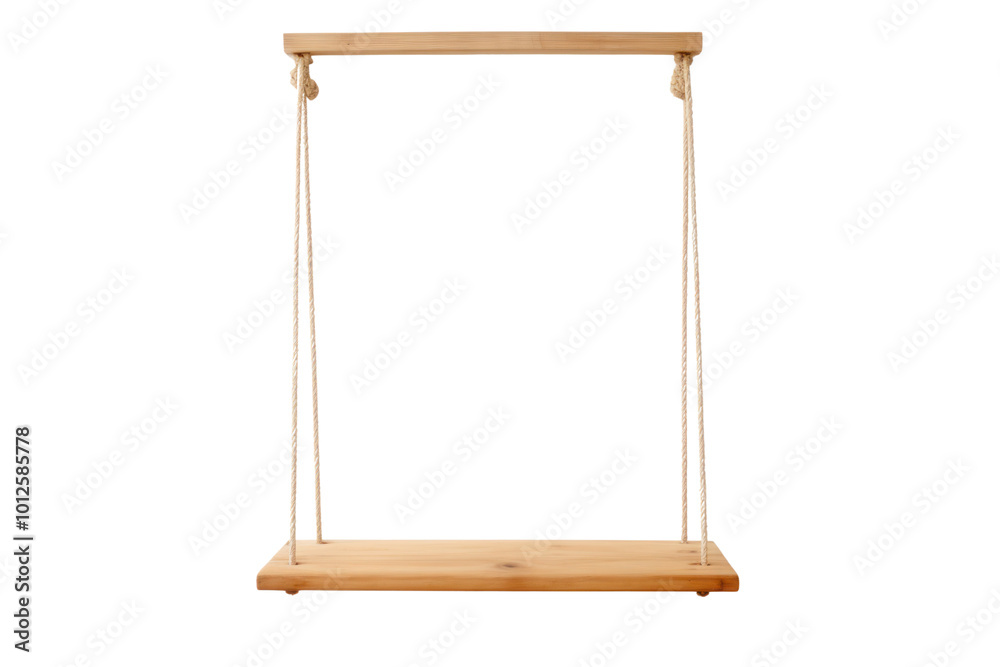 A minimalist wooden swing made of a smooth wooden board and strong rope, floating in front of a white backdrop A minimalist wooden swing made of a smooth wooden board and strong rope, floating in front of a white backdrop