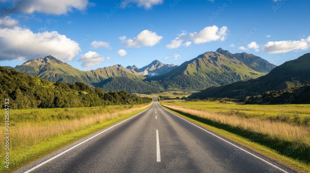 A scenic asphalt road with green mountains and blue sky, under the warm sunlight of a clear, cloud-speckled afternoon. A scenic asphalt road with green mountains and blue sky, under the warm sunlight of a clear, cloud-speckled afternoon.