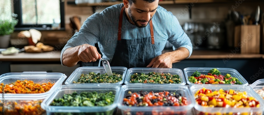 Fototapeta premium A man in a blue shirt and apron is preparing food in a kitchen. He is carefully scooping food from a large container into a smaller container.
