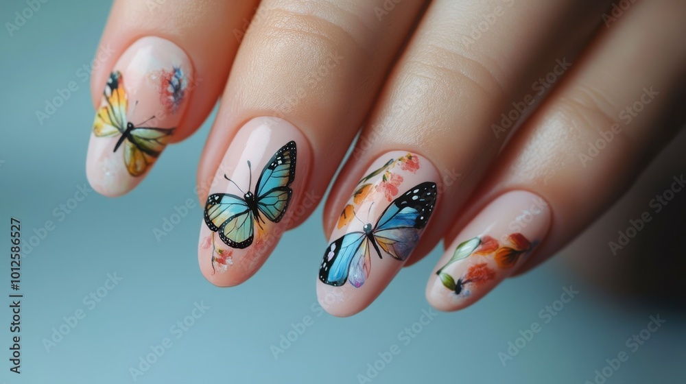 A set of nails with butterfly designs and soft pastel colors, giving a delicate and whimsical appearance.