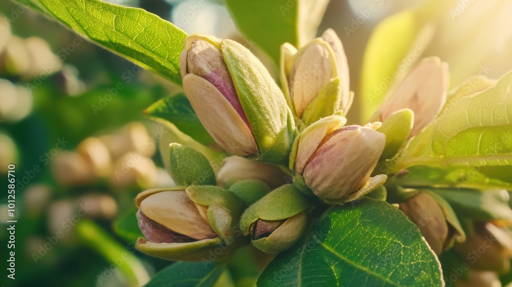 Close-up of pistachios growing on a tree, illuminated by soft sunlight Close-up of pistachios growing on a tree, illuminated by soft sunlight