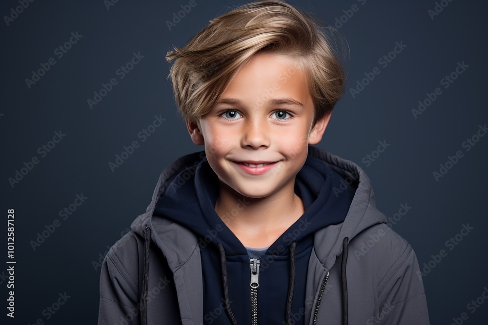 Portrait of a smiling little boy in a hoodie on a dark background. Portrait of a smiling little boy in a hoodie on a dark background.